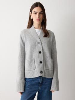 Jigsaw V-Neck Chunky Knit Wool Rich Cardigan, Light Grey