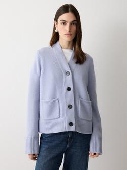 Jigsaw V-Neck Chunky Knit Wool Rich Cardigan, Blue