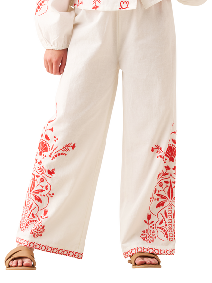 Angel & Rocket Kids' Embroidered Tie Waist Trousers, White, White