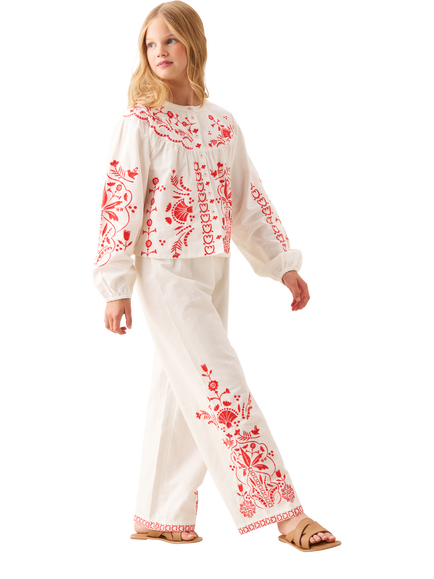 Angel & Rocket Kids' Embroidered Tie Waist Trousers, White - view 2, White