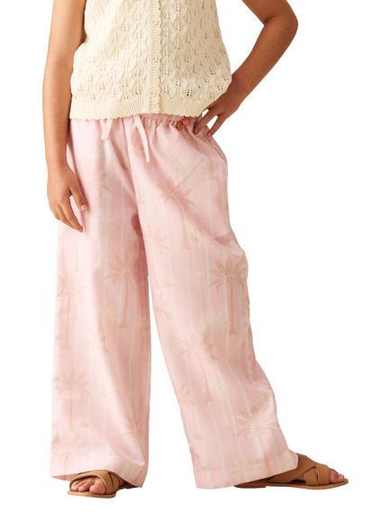 Angel & Rocket Kids' Palm Tree Print Tie Waist Trousers, Pink, Pink