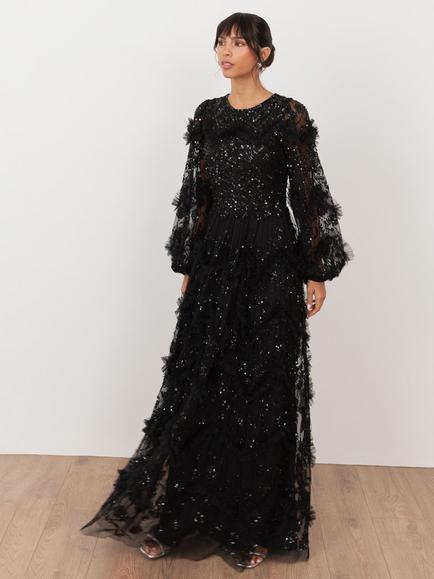 Maya Deluxe Embellished Ruffle Maxi Dress, Black, Black