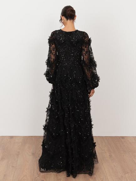 Maya Deluxe Embellished Ruffle Maxi Dress, Black - view 2, Black