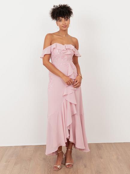 Maya Deluxe Embellished Floral Bardot Midaxi Dress, Soft Pink, Soft Pink