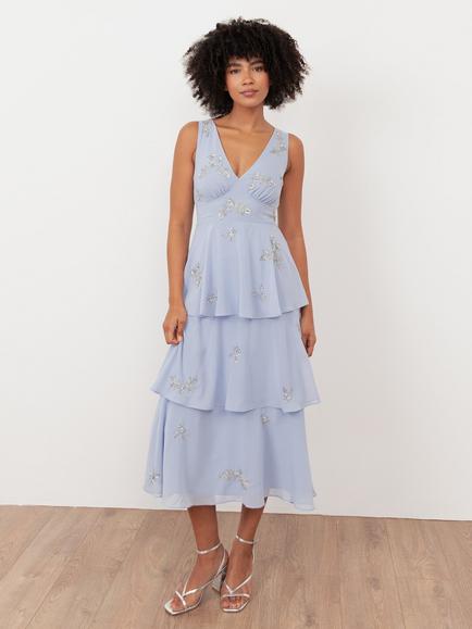 Maya Deluxe Embellished Floral Tiered Midaxi Dress, Pastel Blue, Pastel Blue