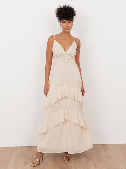 Maya Deluxe Embellished Ruffle Maxi Dress, Vanilla, Vanilla