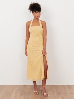 Maya Deluxe Floral Beaded Halterneck Midaxi Dress, Buttercream, Buttercream