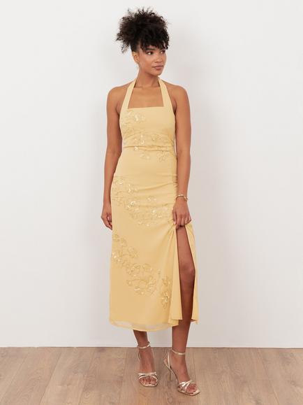 Maya Deluxe Floral Beaded Halterneck Midaxi Dress, Buttercream, Buttercream
