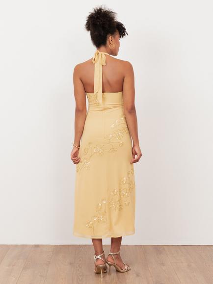 Maya Deluxe Floral Beaded Halterneck Midaxi Dress, Buttercream - view 2, Buttercream
