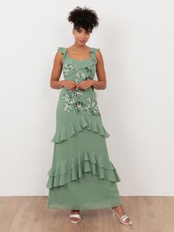 Maya Deluxe Embellished Floral Ruffle Maxi Dress, Deep Mint, Deep Mint