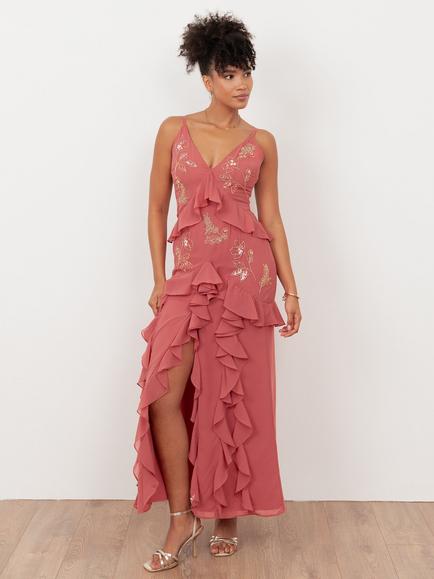Maya Deluxe Embellished Ruffle Maxi Dress, Mid Pink, Mid Pink