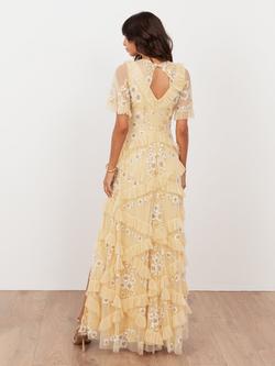 Maya Deluxe Embellished Angel Sleeve Ruffle Maxi Dress, Buttercream - view 2, Buttercream