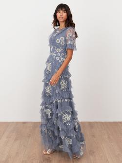 Maya Deluxe Embellished Angel Sleeve Ruffle Maxi Dress, Buttercream, Infinity Blue