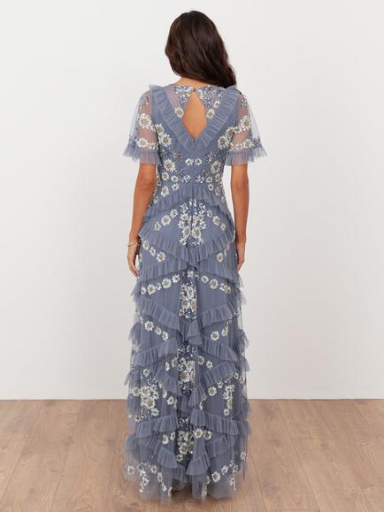Maya Deluxe Embellished Angel Sleeve Ruffle Maxi Dress, Buttercream - view 2, Infinity Blue