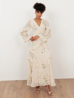 Maya Deluxe Embellished Ruffle Long Sleeve Maxi Dress, Vanilla, Vanilla