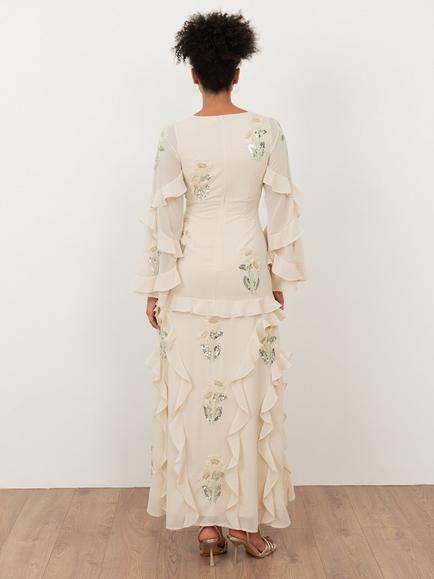 Maya Deluxe Embellished Ruffle Long Sleeve Maxi Dress, Vanilla - view 2, Vanilla