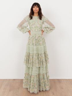 Maya Deluxe Embroidered Tulle Ruffle Maxi Dress, Meadow Green, Meadow Green