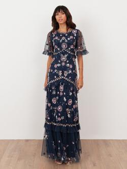 Maya Deluxe Embellished Spot Mesh Maxi Dress, Navy, Navy