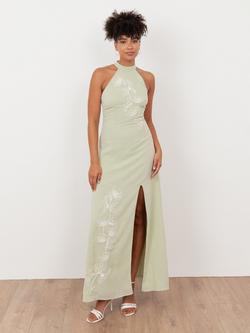 Maya Deluxe Embroidered Floral Halterneck Maxi Dress, Meadow Green, Meadow Green