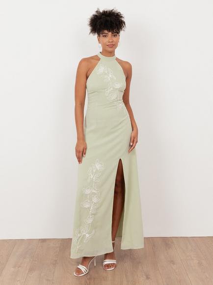 Maya Deluxe Embroidered Floral Halterneck Maxi Dress, Meadow Green, Meadow Green