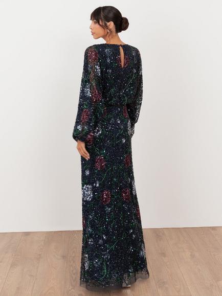Maya Deluxe Embellished Blouson Sleeve Maxi Dress, Navy - view 2, Navy