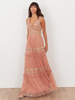 Maya Deluxe Embellished Floral V-Neck Ruffle Maxi Dress, Terracotta Pink, Terracotta Pink