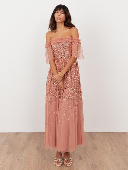 Maya Deluxe Embellished Bardot Ruffle Midaxi Dress, Terracotta Pink, Terracotta Pink