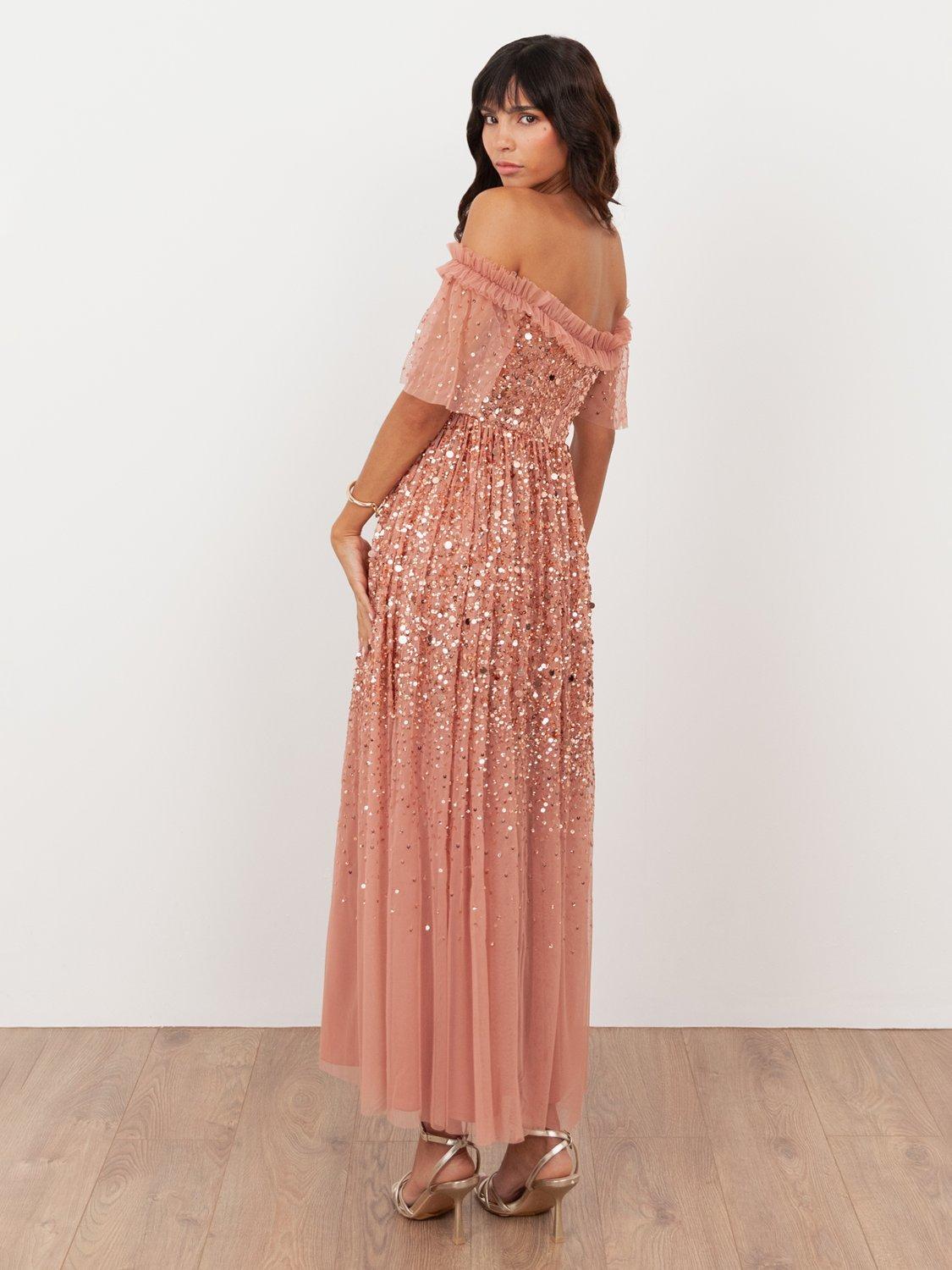 Maya Deluxe Embellished Bardot Ruffle Midaxi Dress, Terracotta Pink