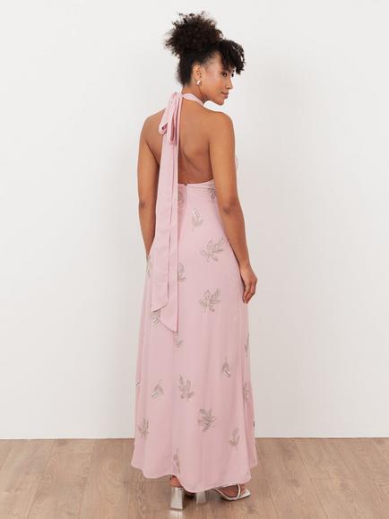 Maya Halter Neck Floral Embellished Maxi Dress, Soft Pink - view 2, Soft Pink