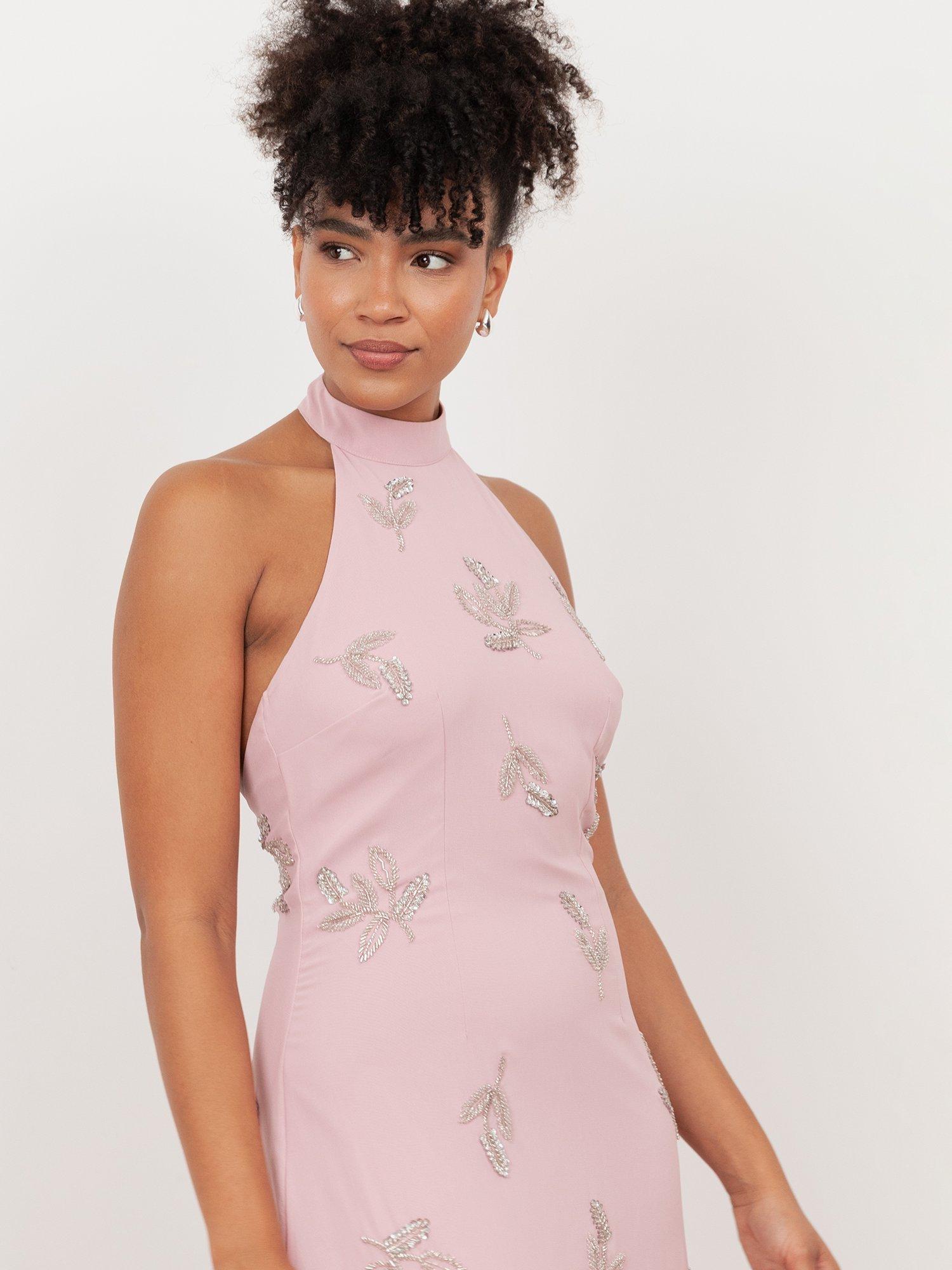 Maya Halter Neck Floral Embellished Maxi Dress, Soft Pink
