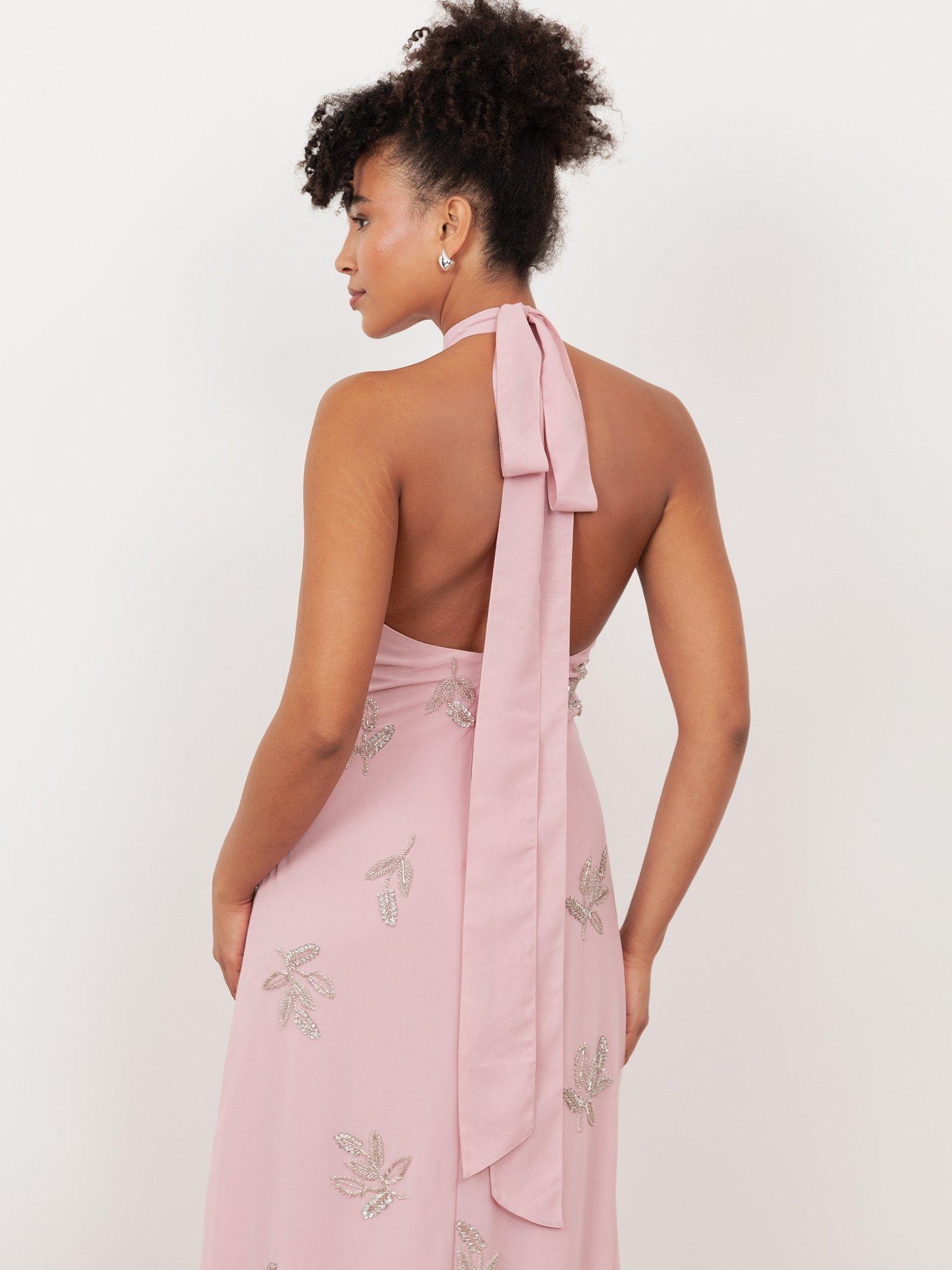 Maya Halter Neck Floral Embellished Maxi Dress, Soft Pink