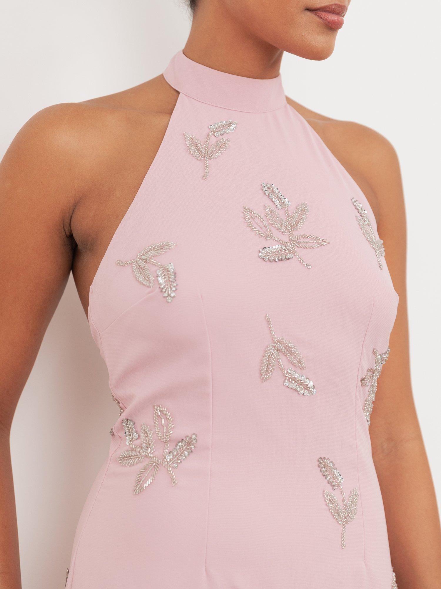 Maya Halter Neck Floral Embellished Maxi Dress, Soft Pink