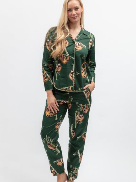 Cyberjammies Sloth Print Button Down Long Pyjama Set, Dark Green, Dark Green