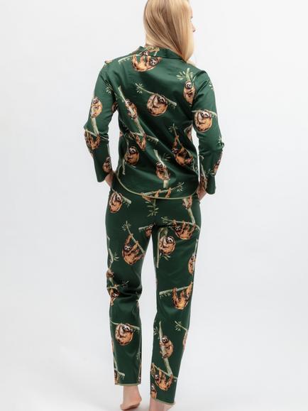 Cyberjammies Sloth Print Button Down Long Pyjama Set, Dark Green - view 2, Dark Green