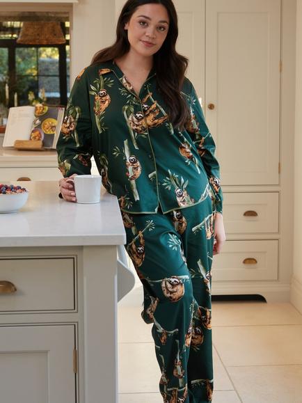 Cyberjammies Sloth Print Button Down Long Pyjama Set, Dark Green, Dark Green