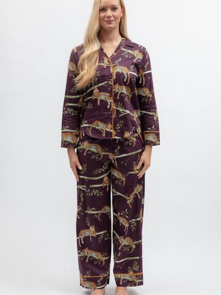 Cyberjammies Slumber Leopard Button Down Long Pyjama Set, Plum, Plum
