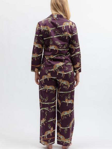 Cyberjammies Slumber Leopard Button Down Long Pyjama Set, Plum - view 2, Plum