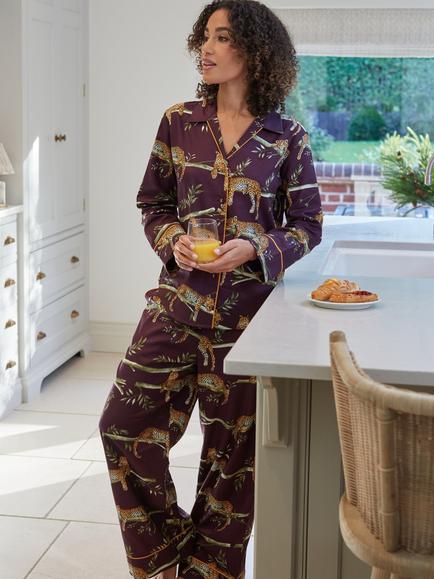 Cyberjammies Slumber Leopard Button Down Long Pyjama Set, Plum, Plum