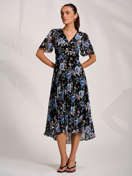 Jolie Moi Wrap Pleated Maxi Dress, Black, Black