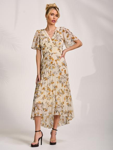 Jolie Moi Floral Pleated Chiffon Dress, Amber, Amber