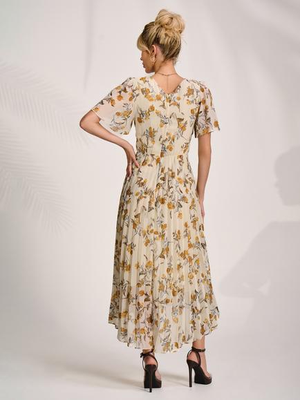 Jolie Moi Floral Pleated Chiffon Dress, Amber - view 2, Amber