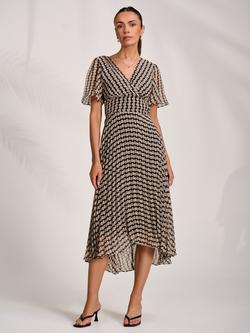 Jolie Moi Geometric Pleated Chiffon Maxi Dress, Stone/Black, Stone/Black