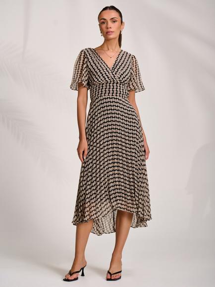 Jolie Moi Geometric Pleated Chiffon Maxi Dress, Stone/Black, Stone/Black