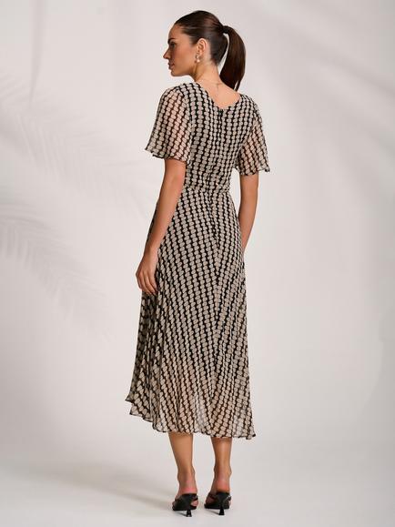 Jolie Moi Geometric Pleated Chiffon Maxi Dress, Stone/Black - view 2, Stone/Black