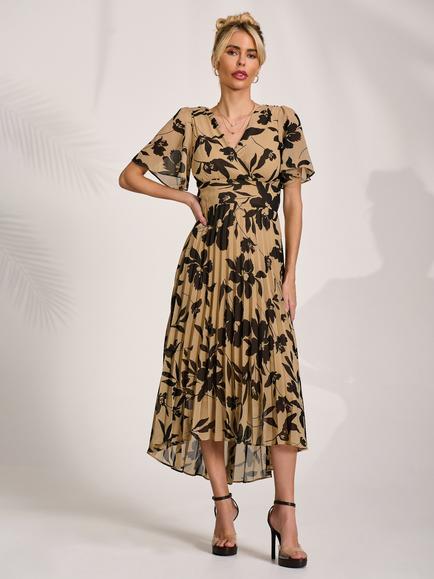 Jolie Moi Floral Pleated Maxi Dress, Stone/Black