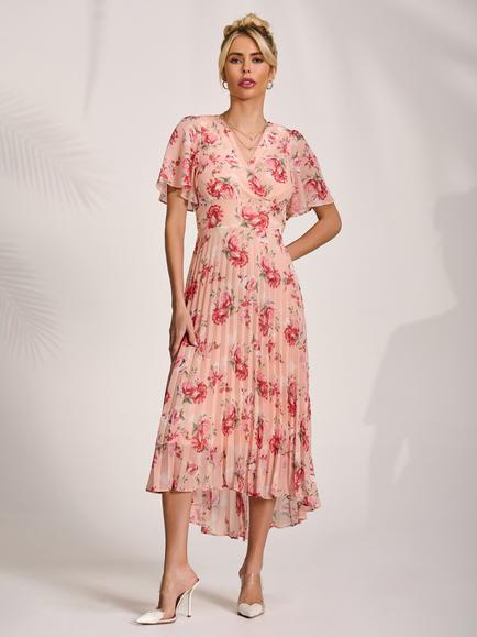 Jolie Moi Floral Pleated Maxi Dress, Coral