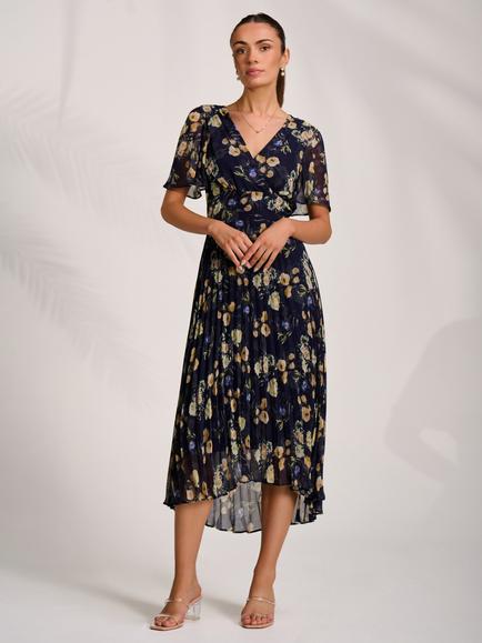 Jolie Moi V-Neck Pleated High-Low Dress, Yellow, Yellow