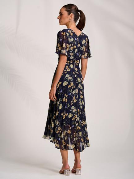 Jolie Moi V-Neck Pleated High-Low Dress, Yellow - view 2, Yellow