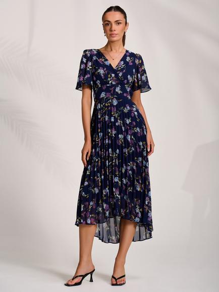 Jolie Moi Floral Pleated Maxi Dress, Navy, Navy
