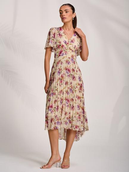 Jolie Moi Floral Pleated Maxi Dress, Cream